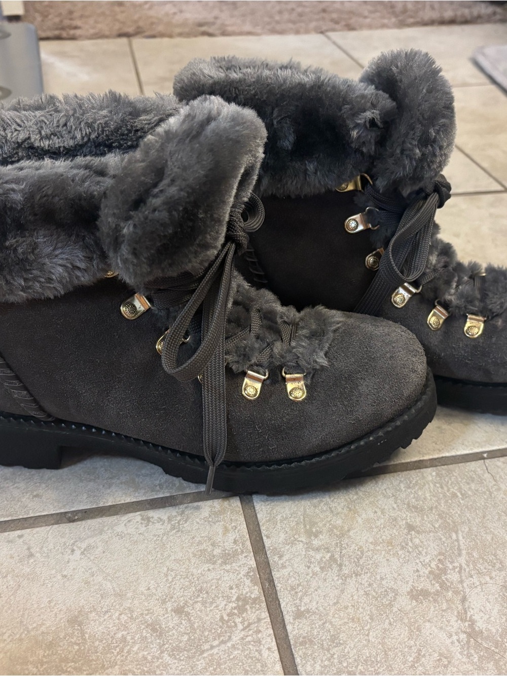 Jack Rogers Gray Suede Lace-Up Fur Collar Boots